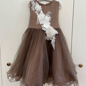 Elegant Brown Kids Dress with Floral Appliqué